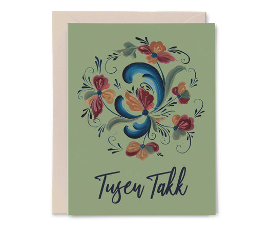 Green Rosemaling Thank You Card - Elise Watness series