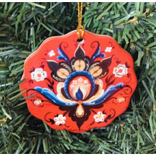 Rosemaling Ceramic Ornament, Red