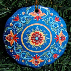 Rosemaling Ceramic Ornament, Blue