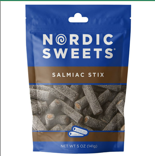 Nordic Sweets® Salty Licorice Salmiac Heksehyl Stix Resealable Peggable Pouch