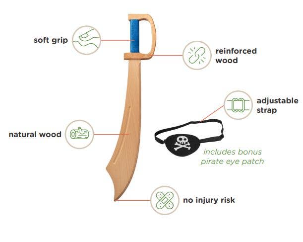 Wooden Pirate Sword with Soft Grip and Bonus Eye Patch